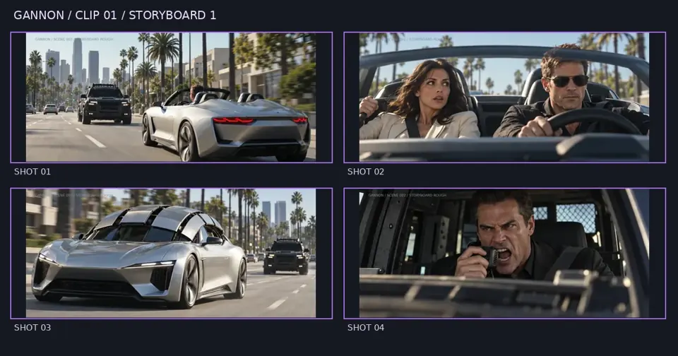 GANNON clip 01 four-panel storyboard, shots 1, 2, 3, 4