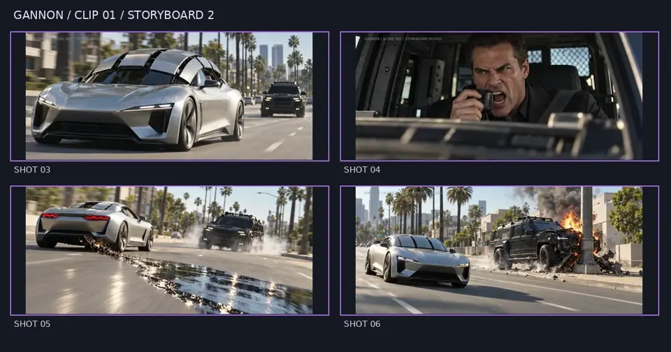 GANNON clip 01 four-panel storyboard, shots 3, 4, 5, 6